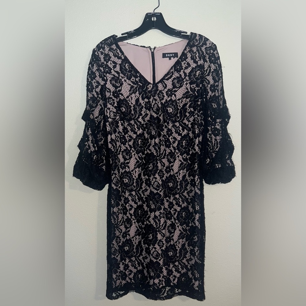 DKNY Floral Lace Midi Dress Womens 10 Black V-Neck Tiered Sleeve Sheath